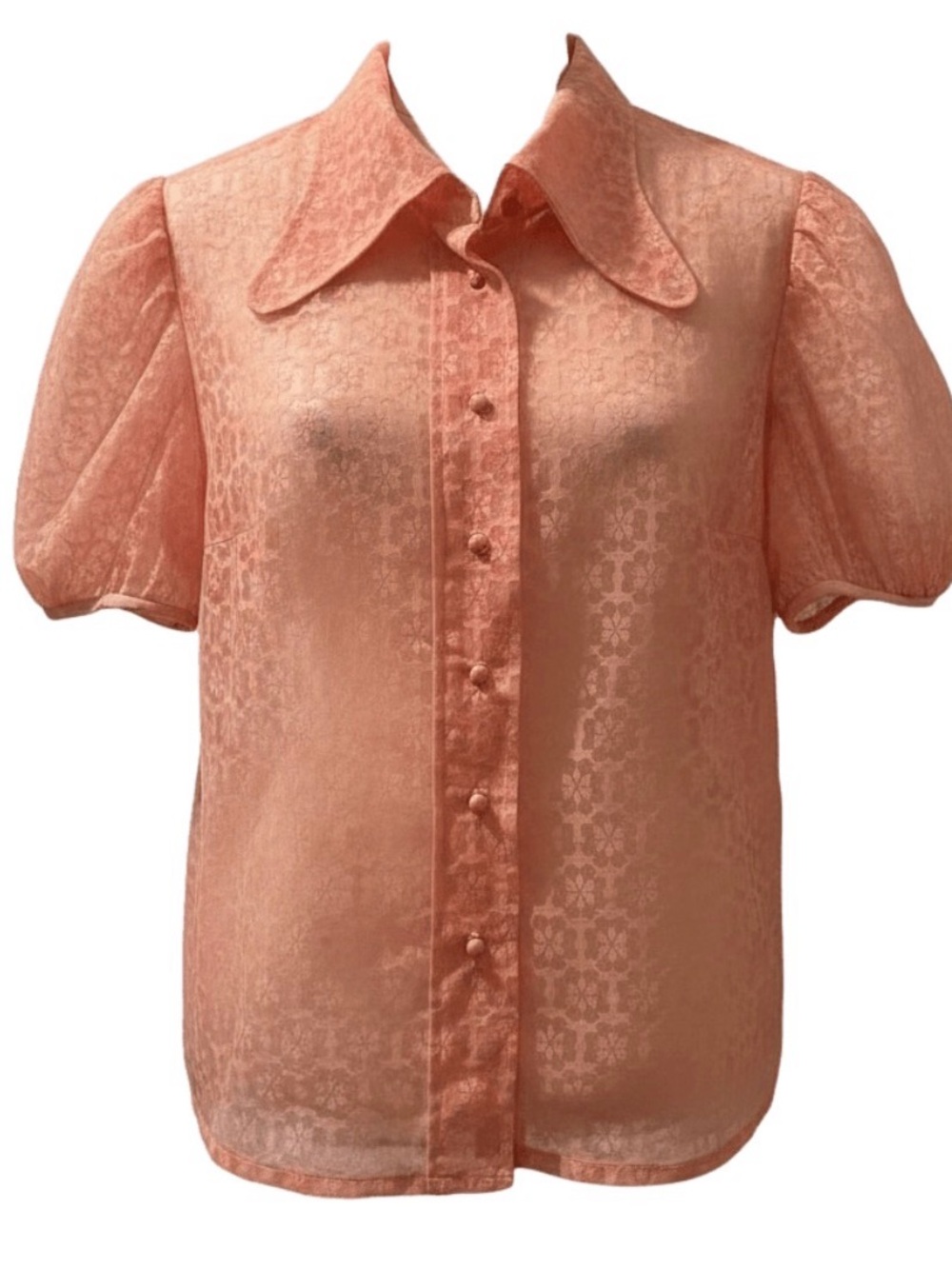 Vintage Pink Sheet Lace Puff Short Sleeve Peter Pan Collar Button-Up Blouse